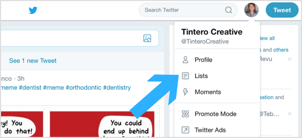 Haga clic en el icono de su perfil de Twitter y seleccione Listas en el menú desplegable.