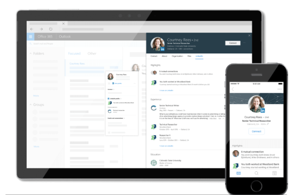 LinkedIn y Microsoft están aportando información personalizada de LinkedIn directamente a su experiencia de Microsoft Office 365 mediante la integración de tarjetas de perfil de LinkedIn y Microsoft Office.