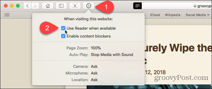Use el botón Preferencias del sitio web en Safari para Mac