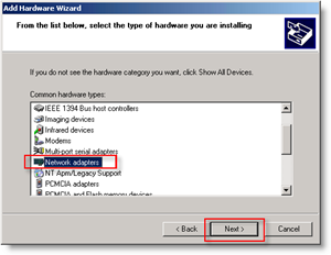 Asistente para agregar hardware de Windows: adaptador de red