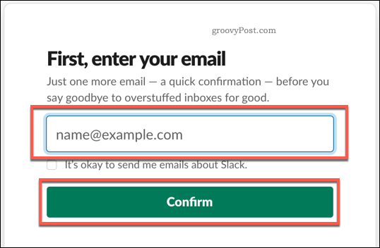 Proporcionar un correo electrónico para crear una cuenta de Slack