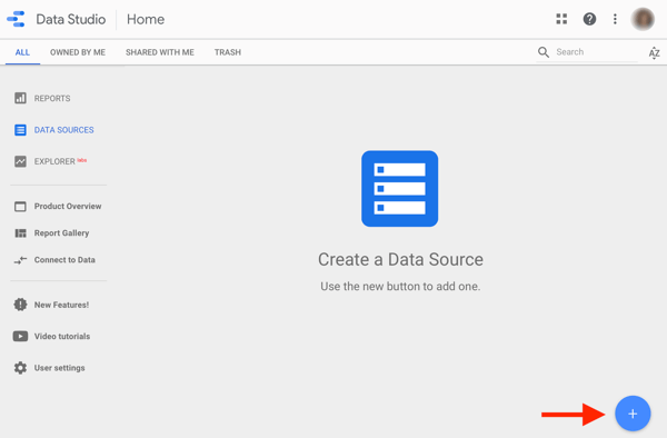 Utilice Google Data Studio para analizar sus anuncios de Facebook, paso 1, opción para crear una fuente de datos en Google Data Studio