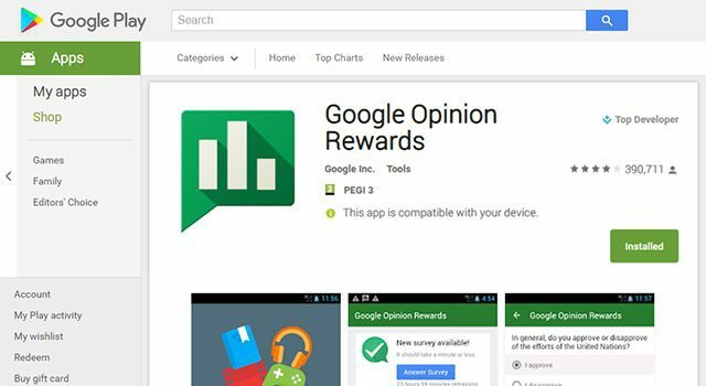 Página de juego google play crédito aplicaciones gratuitas tienda música programas de televisión películas cómics opinión de Android recompensas encuestas ubicación