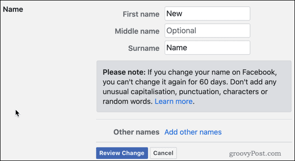 Revisar los cambios de nombre de Facebook