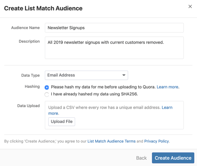Paso 3 de cómo crear una audiencia de coincidencia de lista de Quora