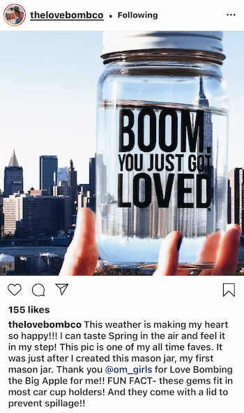 publicación de instagram de @thelovebombco que muestra contenido generado por el usuario de su producto presentado en la ciudad de nueva york