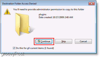 Captura de pantalla: Acceso al menú de copia de archivos denegados