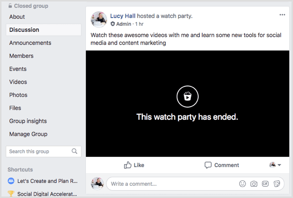 Una publicación de Facebook Watch Party en el feed del grupo.