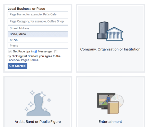Considere las características que ofrece cada tipo y categoría para su página de Facebook.