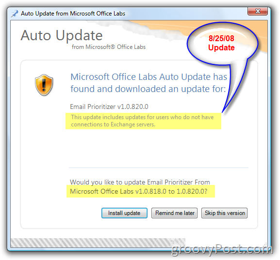 Captura de pantalla de actualización automática de Microsoft Office Labs:: groovyPost.com
