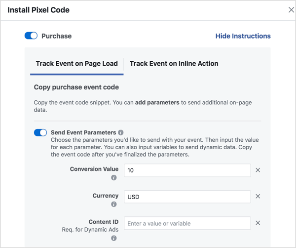 Configure los parámetros para generar el código de evento de Facebook que necesita.
