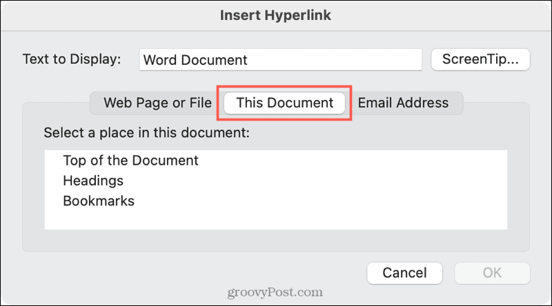 Vincular a una ubicación de documento en Word en Mac