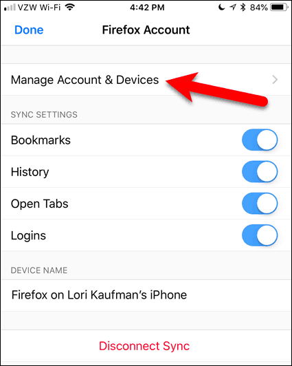 Toque Administrar cuenta y dispositivos en Firefox para iOS