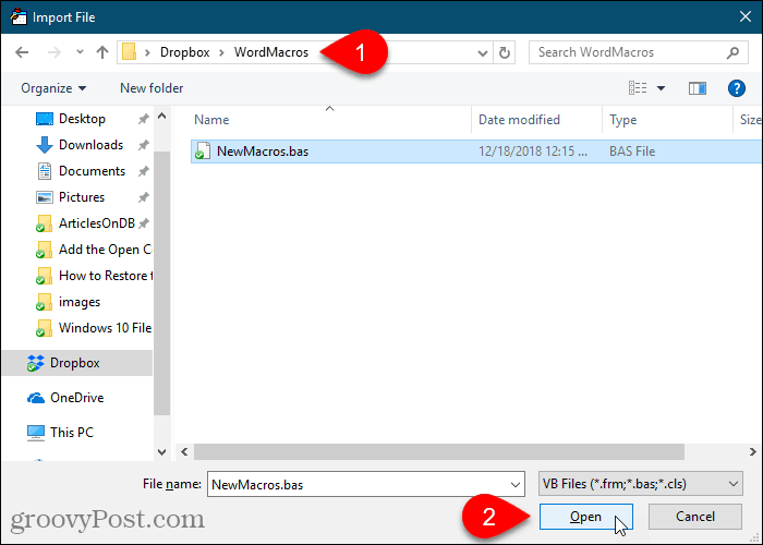 Cuadro de diálogo Importar archivo en el editor VBA en Word