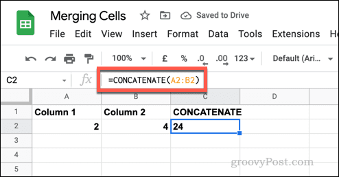 Un ejemplo de una fórmula CONCATENAR simple en Hojas de cálculo de Google