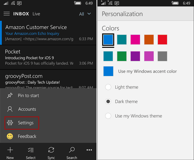 La aplicación Outlook Mail and Calendar en Windows 10 Mobile gana un tema oscuro