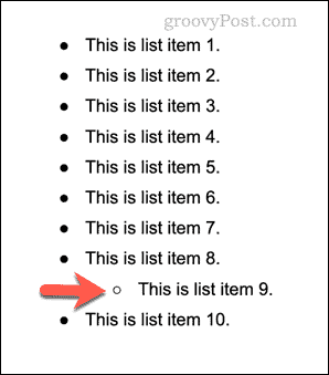 Un ejemplo de una lista de varios niveles en Google Docs