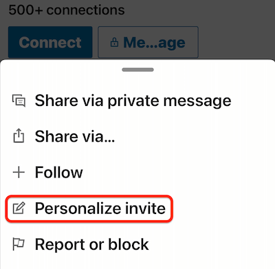 perfil móvil linkedin más... menú con la opción 'personalizar invitación' resaltada