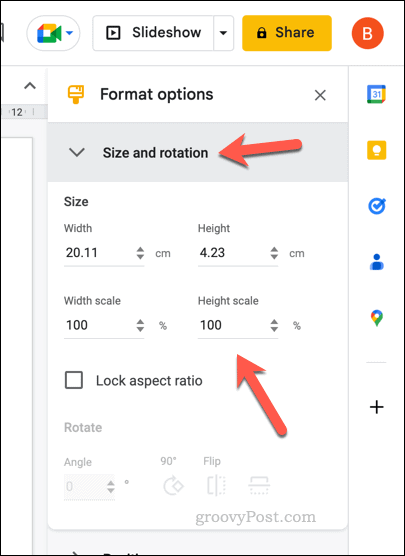 Opciones de tamaño para una tabla de Presentaciones de Google