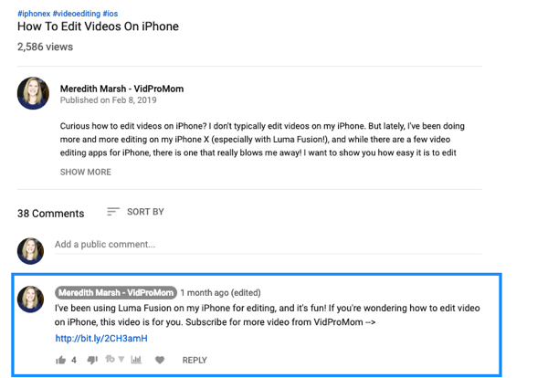 Cómo usar una serie de videos para hacer crecer su canal de YouTube, ejemplo de un comentario de video de YouTube anclado con un enlace de Meredith Marsh