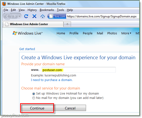 proporcione su nombre de dominio a Windows Live