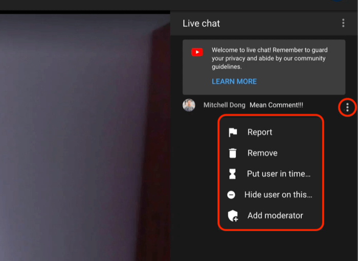 Opciones de moderación de comentarios del chat en vivo de youtube para informar o eliminar el comentario, poner al usuario en tiempo de espera, ocultar al usuario en el canal o agregar un moderador al chat