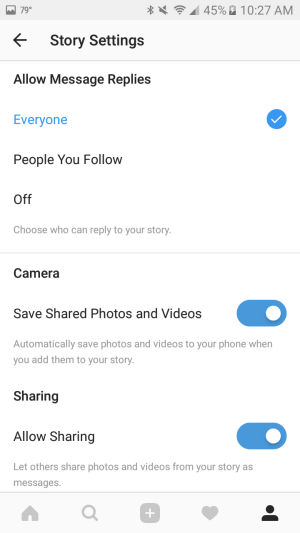 Use la configuración para guardar automáticamente las fotos y videos que agregue a su historia en su teléfono inteligente