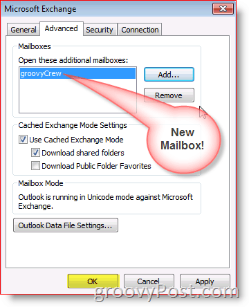 Captura de pantalla de Outlook 2010 agregar pestaña avanzada del buzón