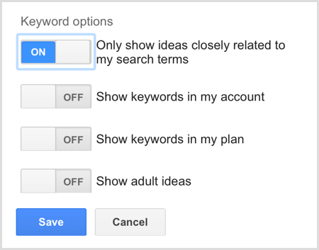 Opciones de palabras clave de búsqueda del Planificador de palabras clave de Google AdWords