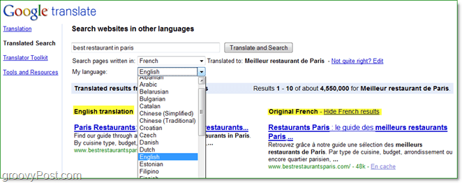 busque páginas de Internet en diferentes idiomas y léalas en su propio idioma usando el serach traducido de Google