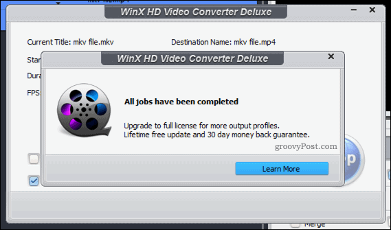 Confirmación de una conversión de video WinX exitosa