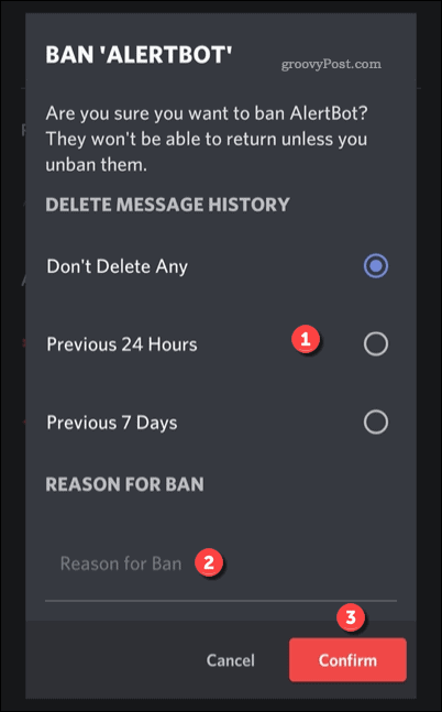 Opciones para prohibir a un usuario en Discord