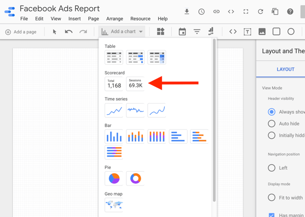Utilice Google Data Studio para analizar sus anuncios de Facebook, paso 8, opción para seleccionar el cuadro de cuadro de mando en Google Data Studio