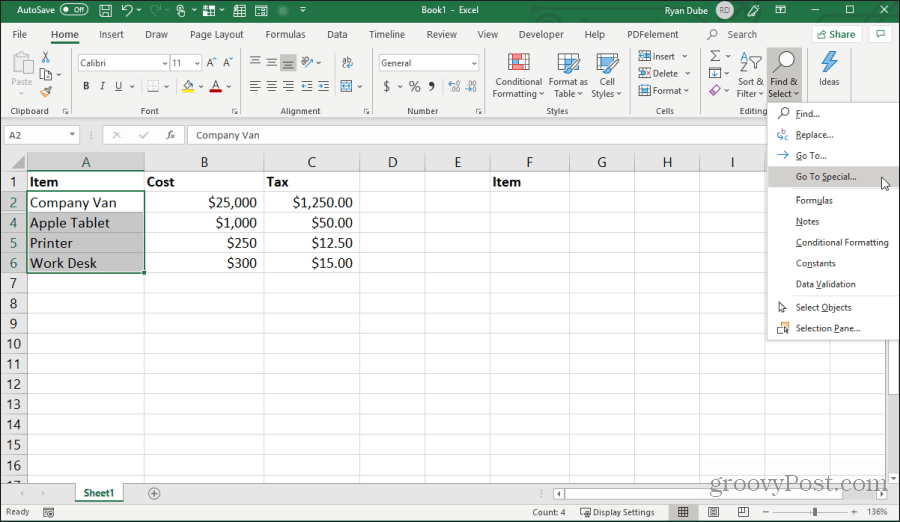 seleccionando ir a especial en excel