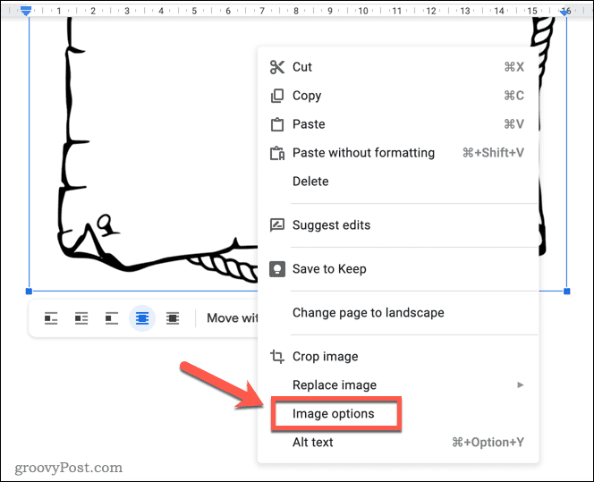 Abriendo el menú de opciones de imagen en Google Docs