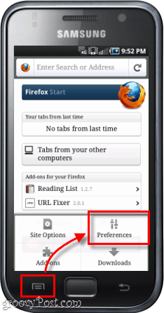 Preferencias de la aplicación de Android Phone Firefox