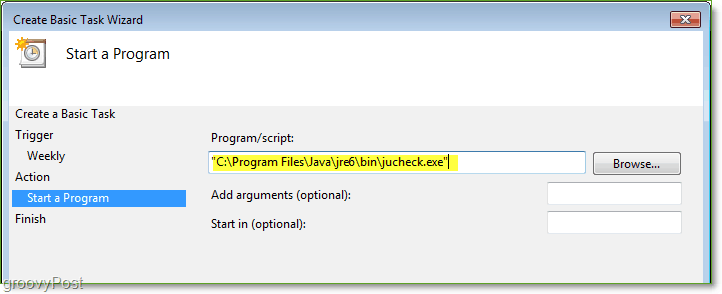 Captura de pantalla: Programador de tareas de Windows 7 Crear ruta de tareas básica Jucheck.exe