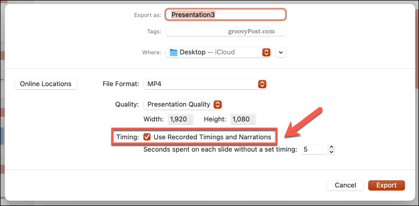 Usar tiempos grabados para un video exportado en PowerPoint en Mac