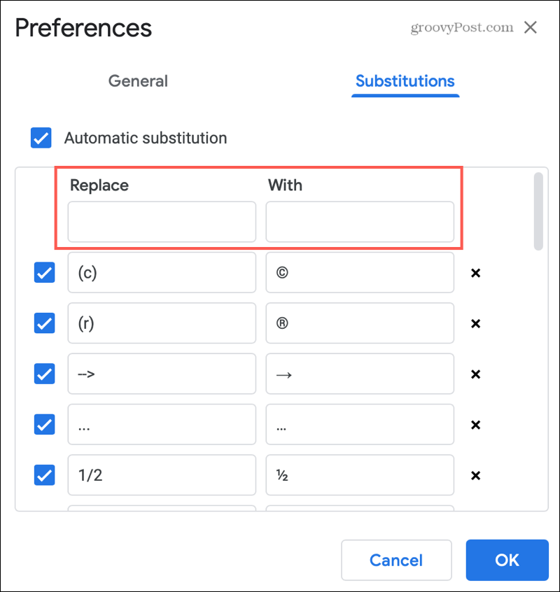 Agregar sustituciones de texto en Google Docs