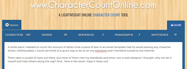 Utilice CharacterCountOnline.com para contar caracteres, palabras, párrafos y más.
