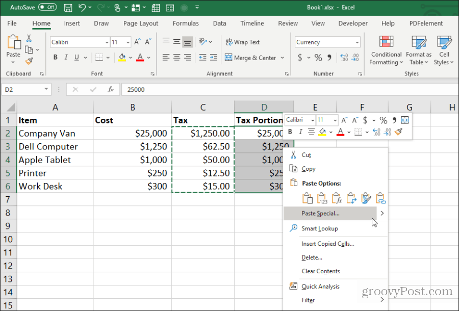 pegar especial en Excel