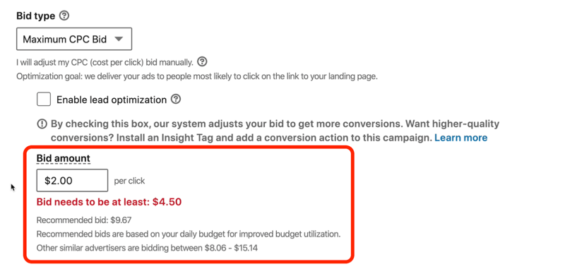 captura de pantalla del mensaje en rojo que dice 'La oferta de LinkedIn debe ser de al menos $ 4.50'