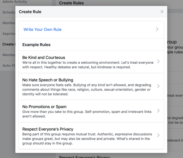 Cómo mejorar su comunidad grupal de Facebook, ejemplo de reglas preescritas para grupos de Facebook
