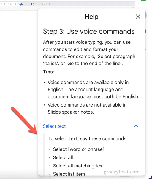 Menú de ayuda para escritura por voz en Google Docs