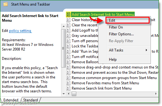 Haga clic en el enlace Agregar búsqueda de Internet para iniciar el menú y luego haga clic en la opción de edición desde el menú contextual de Windows 7.