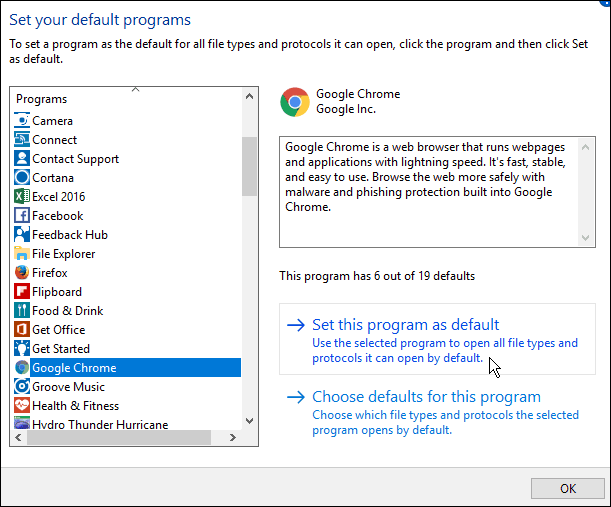 Cambiar el navegador predeterminado en la actualización de aniversario de Windows 10