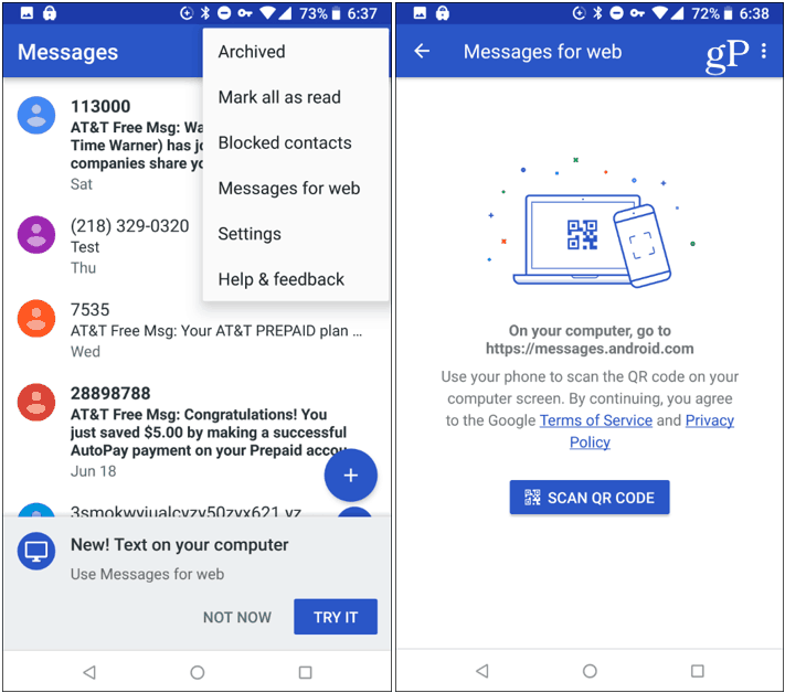 Aplicación de mensajes de Android Escanear código QR