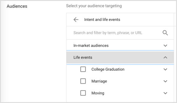 Audiencia de Google Adwords dirigida a eventos de la vida
