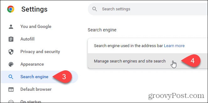 Haga clic en Administrar motores de búsqueda y búsqueda de sitios en la pantalla del motor de búsqueda en Chrome