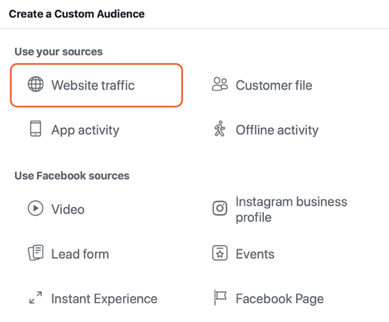 Cómo crear anuncios de alcance en Facebook, ejemplo de configuración de audiencia de tráfico del sitio web para anuncios